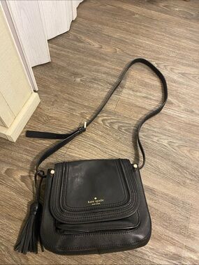 kate spade Black Leather Tassel Crossbody Bag; 9x7